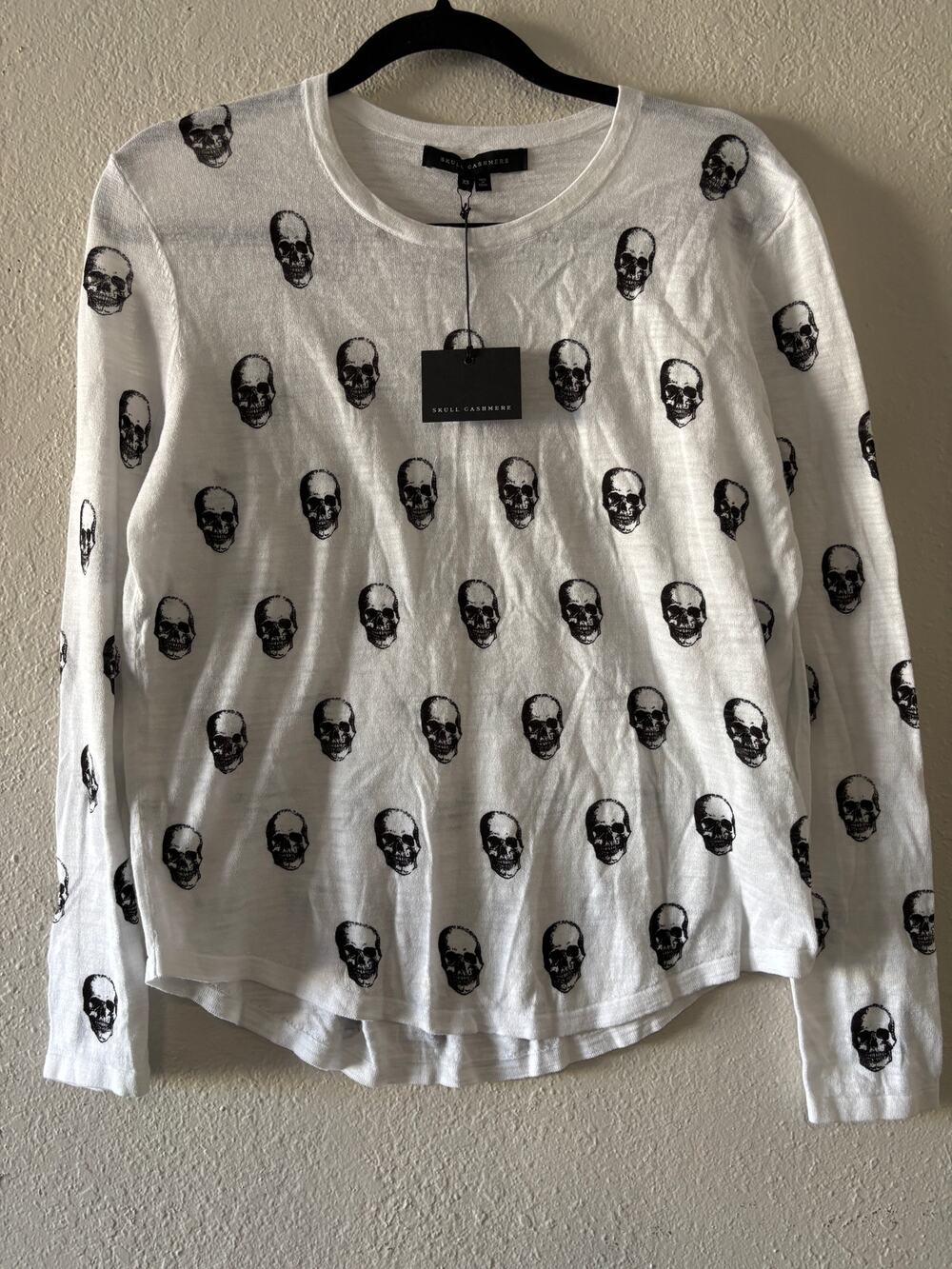 Skull Cashmere Sweater Top All Over Print Cotton Womens Size XS White Black New